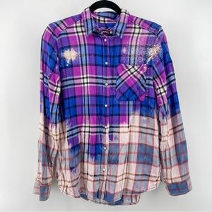 Express Women’s Boyfriend Button Up Shirt Blue Purple Plaid Bleached Glitter S